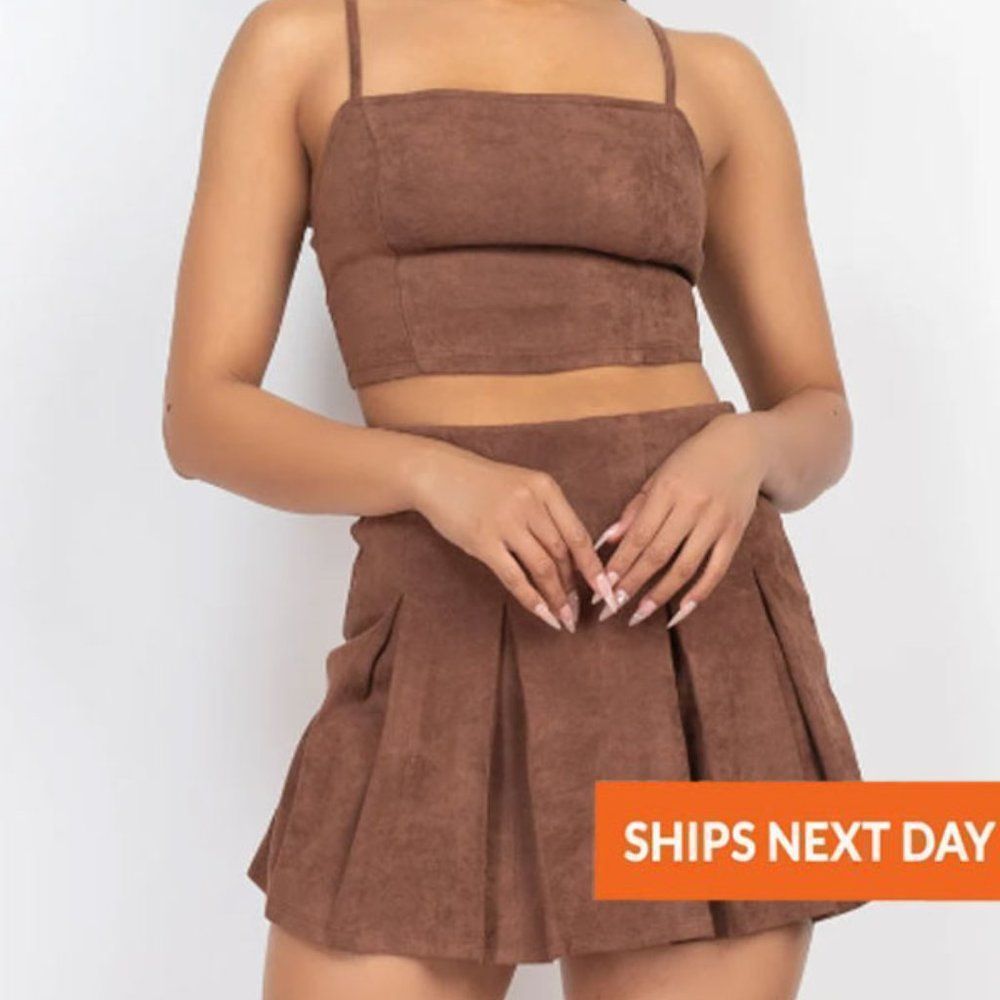 Faux Suede Cami Top & Pleated Skorts Set